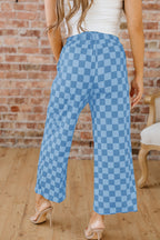 Sky Blue Checkered Elastic High Waist Loose Casual Pants