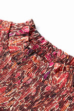 Red Floral Print Long Sleeve Shirred High Neck Loose Mini Dress