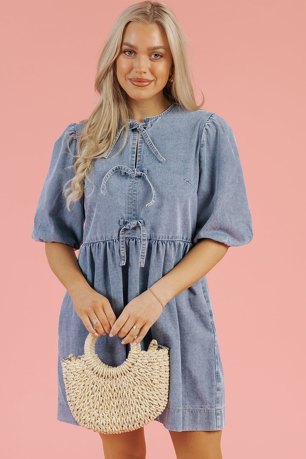 Dusk Blue Bowknot Bubble Sleeve Short Denim Dress