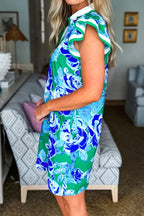 Bright Green Contrast Floral Print Collared V Neckline Ruffled Cap Sleeve Shift Dress with Pockets
