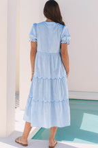 Sky Blue Stripe Bubble Short Sleeve Tiered Scallop Long Dress