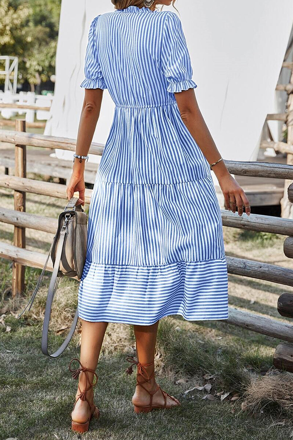 Sky Blue Stripe Button Tassel Tie Detail Frilled Short Sleeve Flared Midi Dress