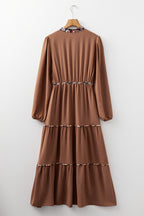Chestnut Floral Patchwork Detail Notched Neck Long Sleeve Maxi Dress