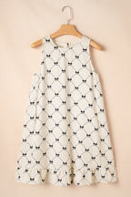 White Bow Checker Pearled Buttons Back Ruffled Sleeveless Mini Dress