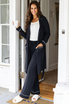 Black Contrast Trim Hooded Lounge Cardigan and Pants Set