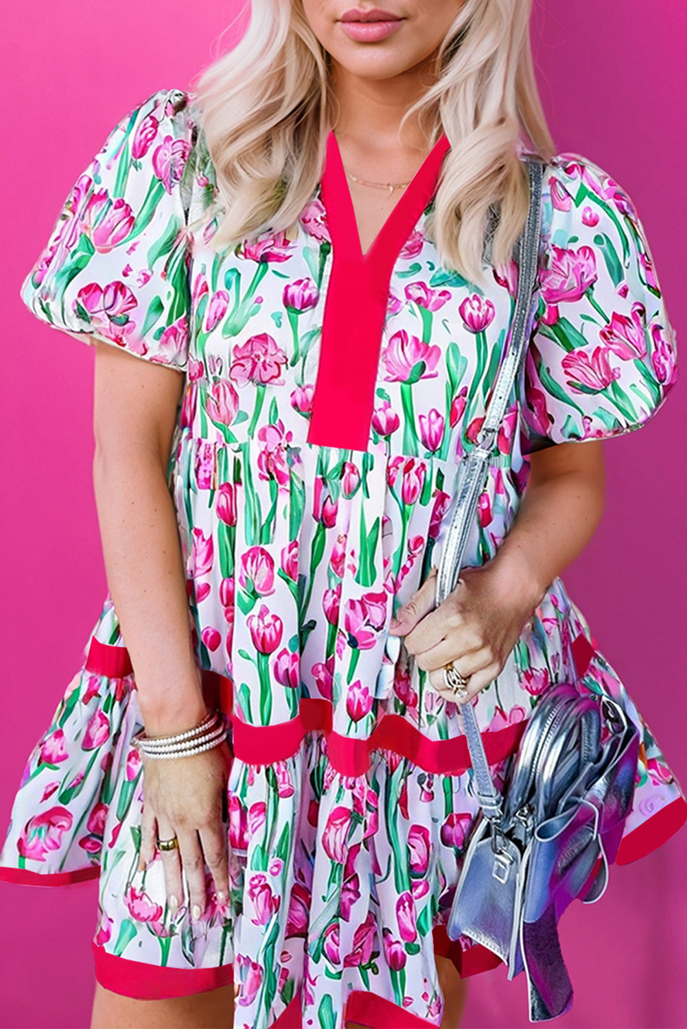 Pink Floral Print Contrast Trim V Neck Bubble Short Sleeve Babydoll Dress