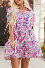 Pink Floral Collared Half Placket Short Sleeve Loose Dress