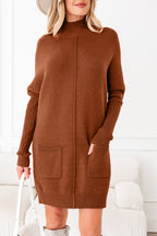 Chestnut Ribbed High Neck Front Pockets Center Seam Shift Sweater Dress