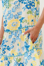 Blue Floral Striped Trim Puff Short Sleeve Dress