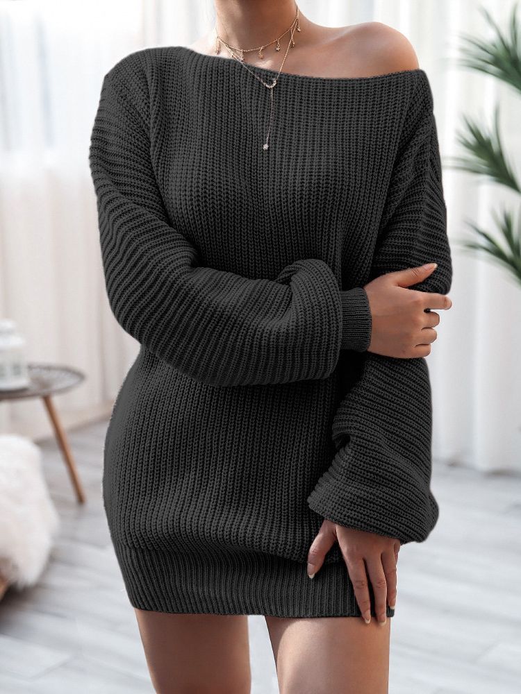 Casual Off-the-shoulder Lantern Sleeve Knitted Sweater Dress