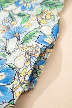 Spinach Green Botanical Floral Print Pleated Ruffle Detail Short Dress