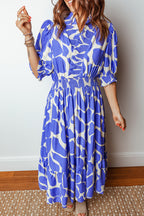 Sky Blue Abstract Print Smocked Waist Puff Half Sleeve Maxi Dress