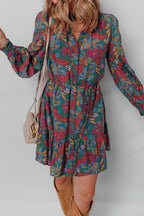 Green Floral Friled V Neck Puff Sleeve Ruffled Shirt Dress