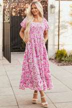 Pink Dainty Floral Smocked Puff Sleeve Flowy Long Dress