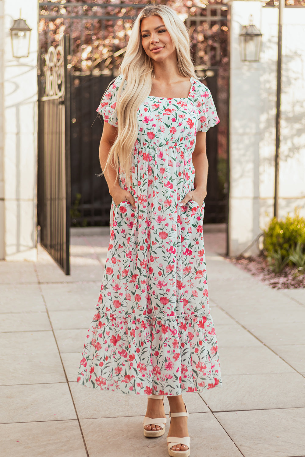 Pink Floral Puff Sleeve Square Neck Empire Waist Tiered Maxi Dress