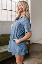 Blue Short Sleeve Collared Patched Pocket Denim Mini Dress