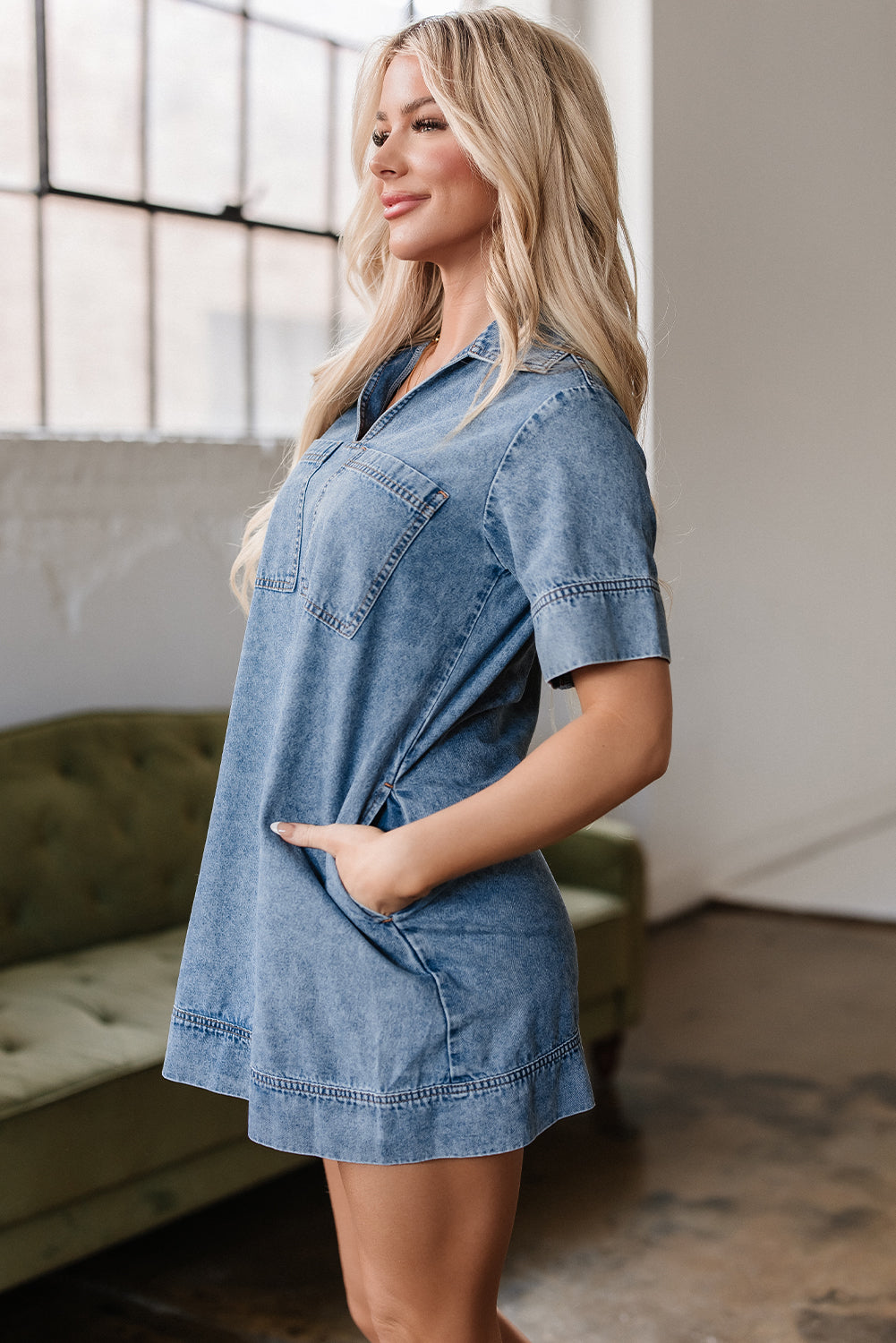 Blue Short Sleeve Collared Patched Pocket Denim Mini Dress