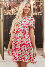 Red Floral Puff Sleeve Tiered Ric Rac Pocketed Mini Dress