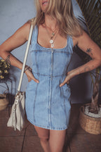 Beau Blue Seamed Zipper Square Neck Sleeveless Denim Mini Dress