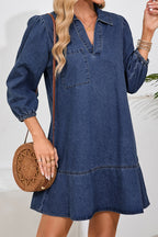 Sail Blue V Neck Collared Single Chest Pocket Long Sleeve Denim Dress