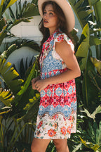 Rose Floral Mixed Pattern Ruffle Flutter Sleeve Buttoned Dress