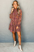 Red Floral Print Long Sleeve Shirred High Neck Loose Mini Dress