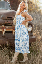 Sky Blue Floral Print Shirred Knot Shoulder Sleeveless Long Dress
