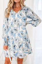 Sky Blue Floral Print Tie Neck Long Sleeve Flowy Mini Dress