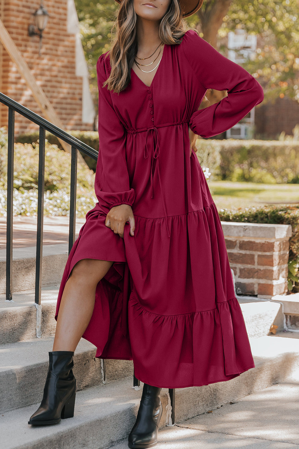 Burgundy Solid Long Sleeve Button V Neck Tiered Maxi Dress