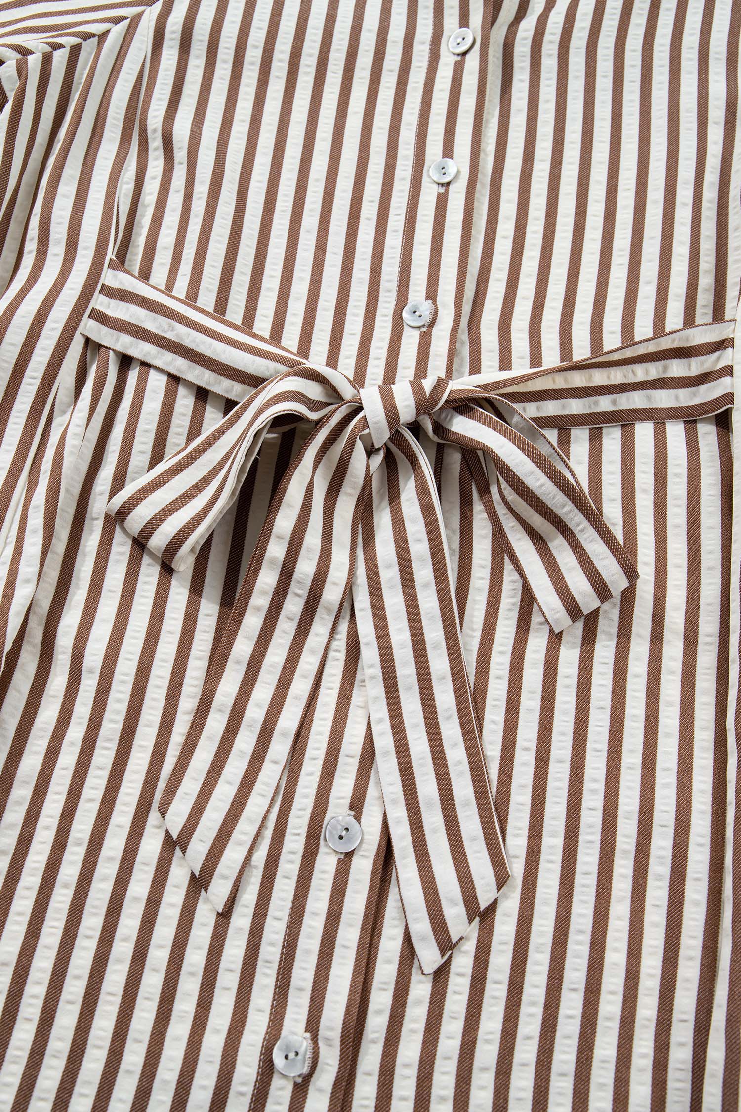 Brown Stripe Knot Waist Puff Sleeve Button Down Mini Shirt Dress