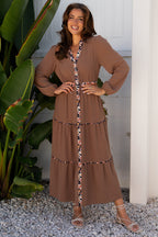 Chestnut Floral Patchwork Detail Notched Neck Long Sleeve Maxi Dress