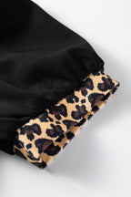 Black Leopard Patchwork Zip Collared Short Puff Sleeve Shift Mini Dress