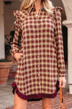 Red Plaid Print Ruffled Long Sleeve Patchwork Hem Mini Shirt Dress