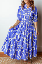 Sky Blue Abstract Print Smocked Waist Puff Half Sleeve Maxi Dress