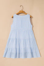 Light Blue Plaid Tiered A-line Sleeveless Mini Sundress