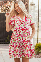 Red Floral Puff Sleeve Tiered Ric Rac Pocketed Mini Dress