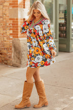 Orange Floral Print Striped Lace V Neck Long Sleeve Mini Dress