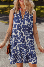 Blue Floral Sleeveless Colorblock Notched V Neck Mini Dress