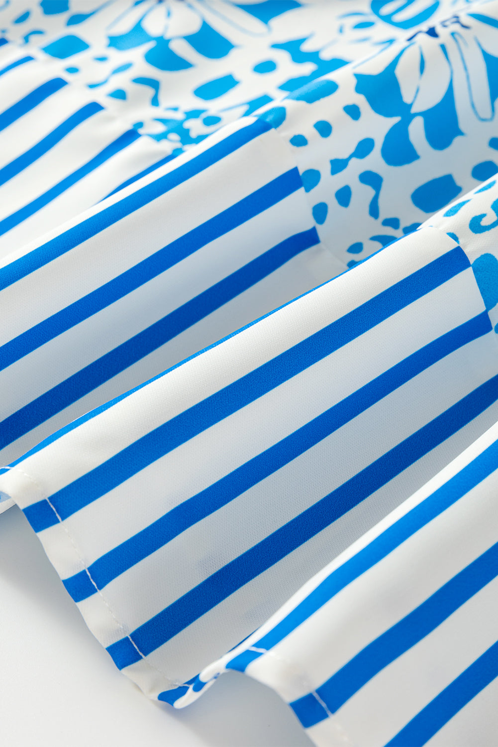 Sky Blue Contrast Striped Trim Floral Shift Fit Fall Dress