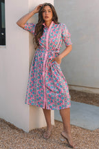 Pink Floral Shirred Puff Sleeve Buttoned Front Midi Dress with Sash