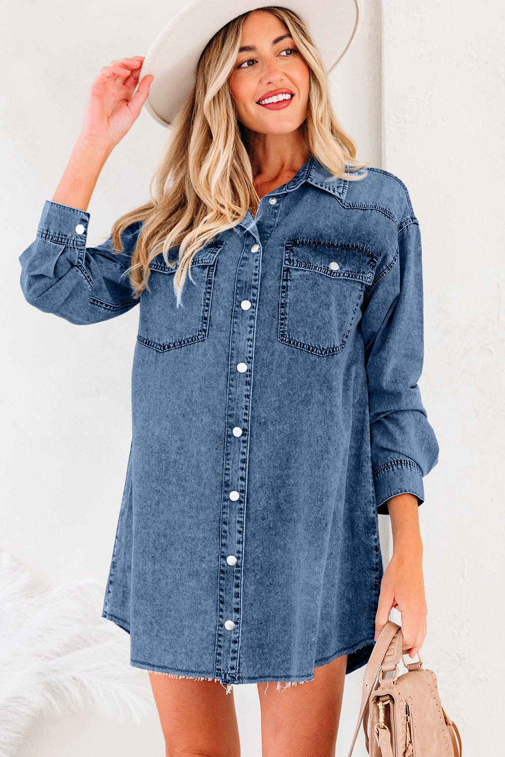 Beau Blue Chest Pocket Raw Hem Denim Loose Shirt Dress