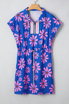 Purple Floral Striped Quarter Zip Cap Sleeve Drawstring Waist Mini Dress