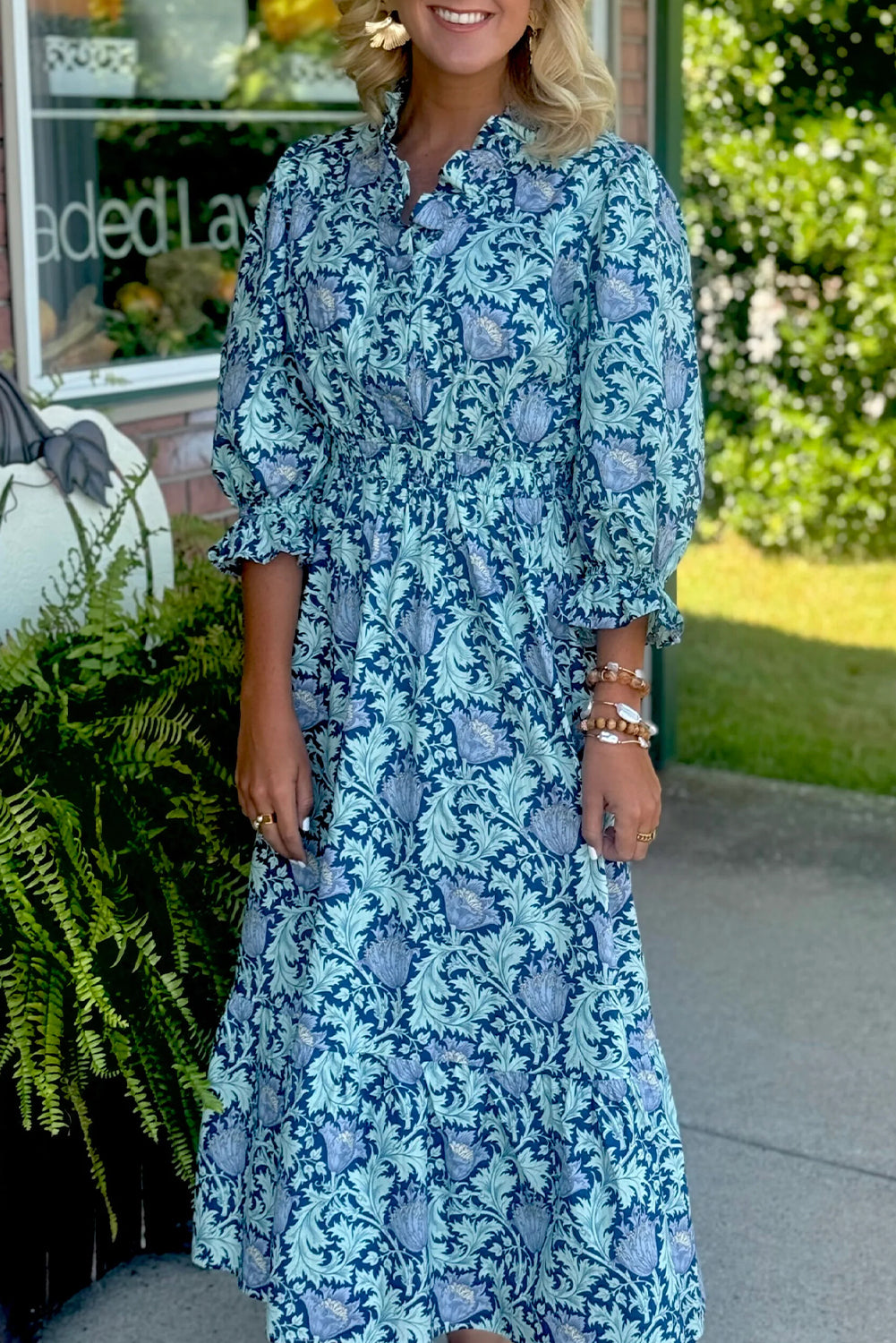 Sky Blue Floral Printed Frilled V Neck Bracelet Sleeve Long Dress