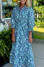 Sky Blue Floral Printed Frilled V Neck Bracelet Sleeve Long Dress