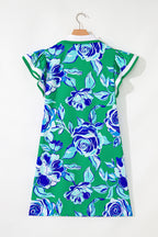 Bright Green Contrast Floral Print Collared V Neckline Ruffled Cap Sleeve Shift Dress with Pockets