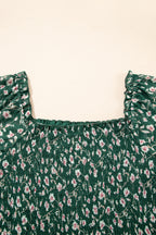 Green Smocked Square Neck Puff Short Sleeve Floral Dress