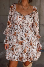 White Floral Print Sweetheart Neck Long Sleeve High Waist Mini Dress