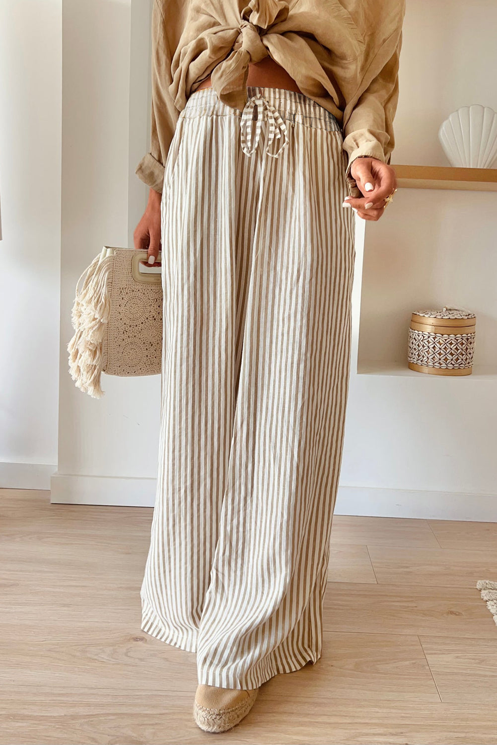 Khaki Stripe Print Wide Leg Drawstring Elastic Waistband Pants