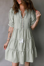 Green Stripe Tasseled Tie Neck Ruffled Short Sleeve Tiered Flattering Dress