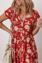 Red Floral Print Buttoned Front V Neck Tiered Short Sleeve Midi Dress
